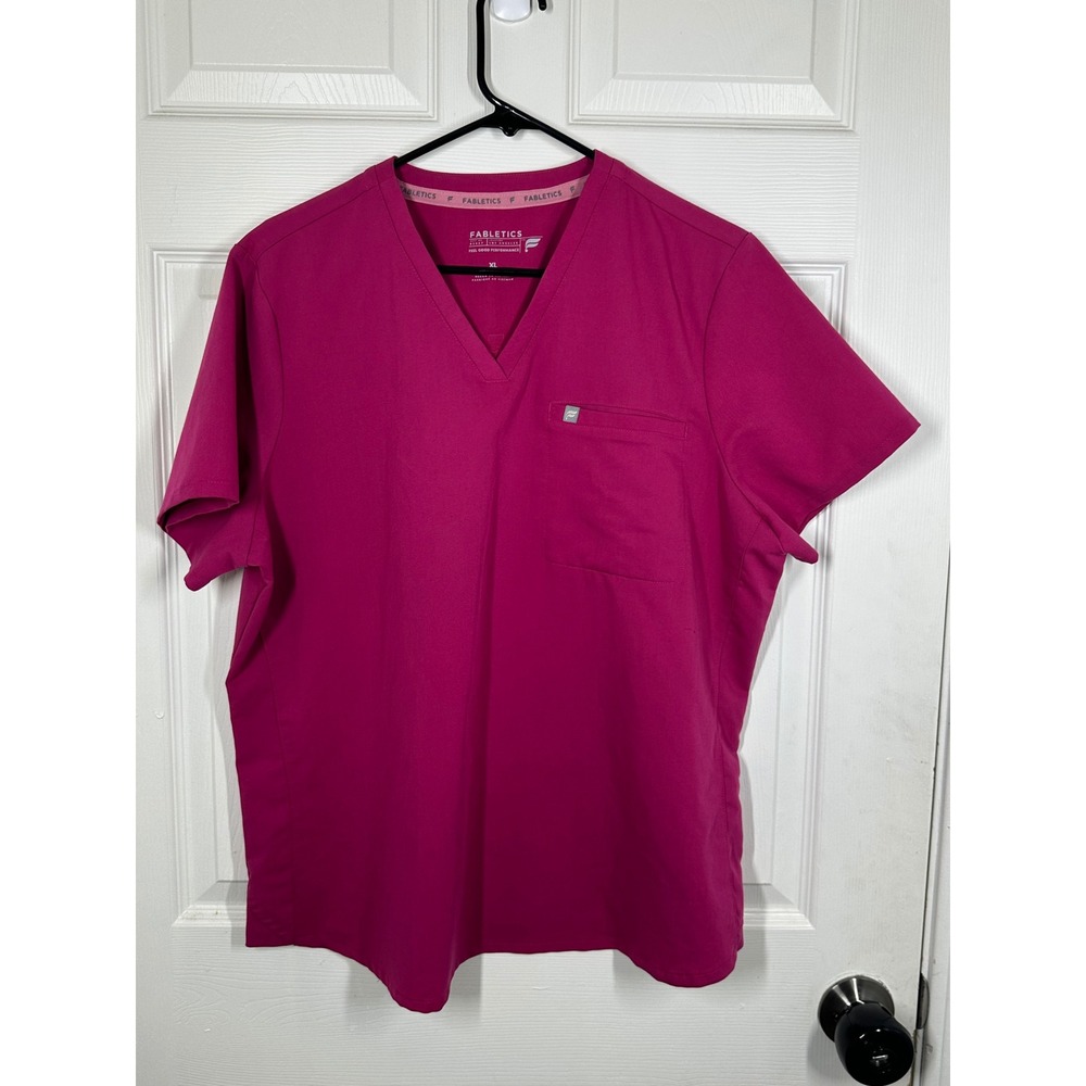 Fabletics Scrub Top Womens XL Pink V-Neck Performance Chest Pocket Short Sleeve